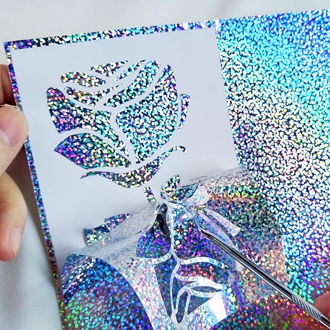 GIRAFVINYL Sparkle Holographic Glitter Vinyl, Silver Glitter Vinyl Permanent for Home and Car Christmas Decorations, Expressions, Signs, Stickers, 12 Inch X 6 ft