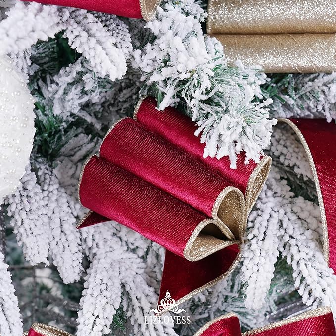 Burgundy Velvet Wired Ribbon with Glitter Back 4 Inch Burgundy and Gold Christmas Ribbon Wired Ribbon for Christmas Tree, Gift Wrapping, Mantel, Wreaths Supplies, Topper Bows (10 Yards)