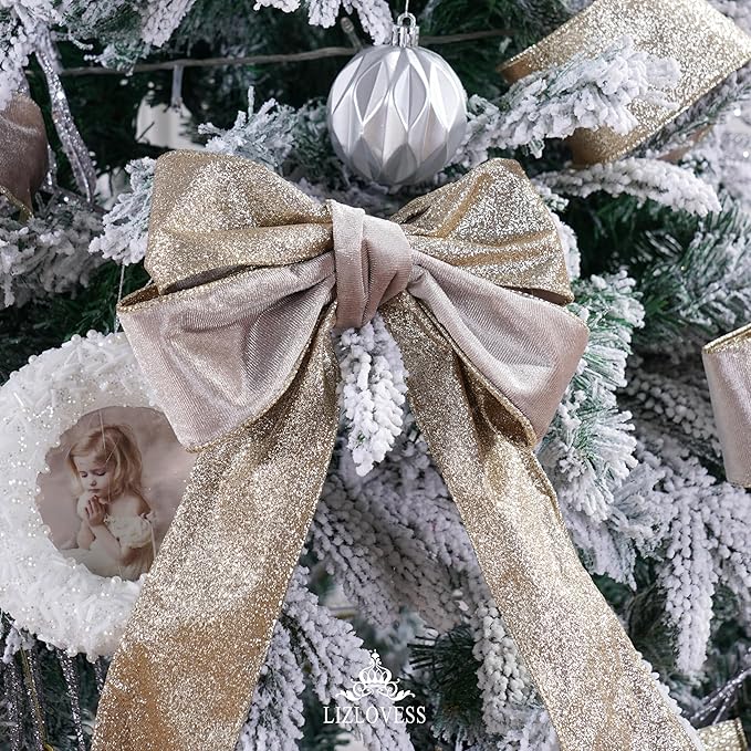 Taupe Velvet Wired Ribbon with Glitter Back 2.5 Inch Camel and Gold Christmas Ribbon Wired Taupe Ribbon for Christmas Tree, Gift Wrapping, Mantel, Wreaths Supplies, Topper Bows (10 Yards)