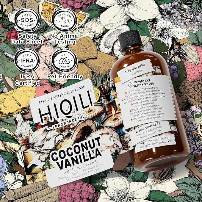 HIQILI Coconut Vanilla Fragrance Oil - for Candle Making, Soap Making, Essential Oil for Diffuser, Humidifier, Home& Hotel & Car Use - 5.07 Fl Oz