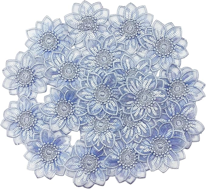 BETITETO 20pcs Embroidery Flower Lace Applique Exquisite 3D Sequins Organza Floral Sew On Patches for Wedding Bridal Dress Clothes Headpieces Sewing Craft DIY (Blue)