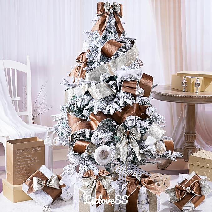 Brown Velvet Wired Ribbon with Glitter Back 4 Inch Camel Christmas Ribbon Wired Reversible Ribbon for Christmas Tree, Gift Wrapping, Crafts, Wreaths Supplies, Topper Bows (10 Yards)