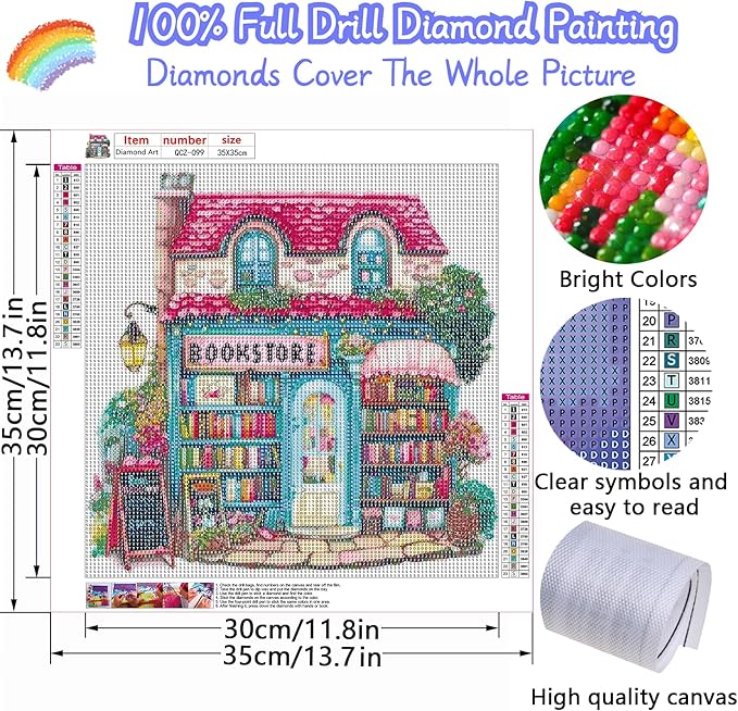 Pink Bookstore Diamond Painting Kits for Adults, 5D Diamond Art Painting by Numbers Kits, DIY Diamond Dots Art Kits, Full Round Drill Diamond Paintings for Adults for Home Wall Decor, 13.8x13.8 in