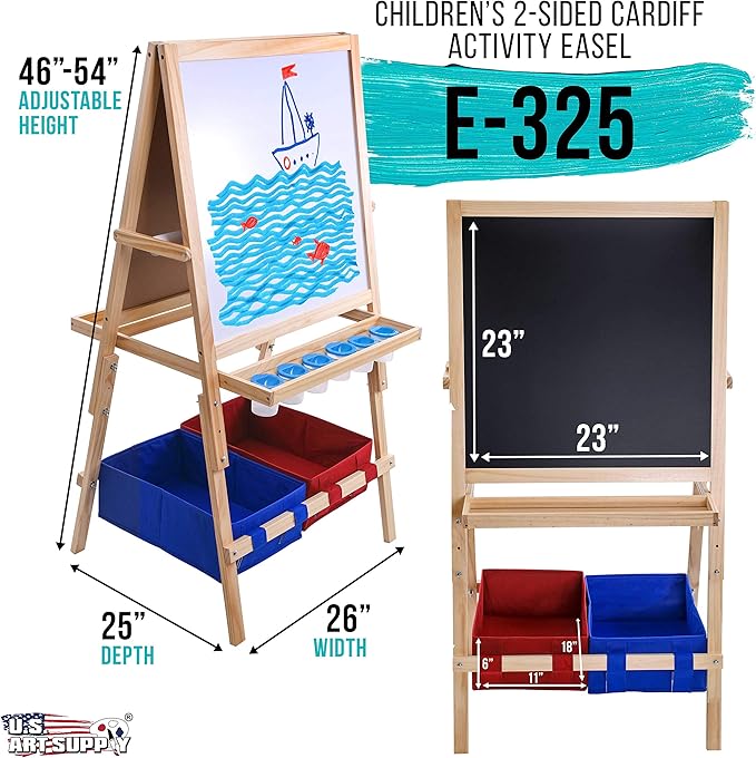 US Art Supply Cardiff Children's Art Activity Easel with Easel Paper Roll, 2 Large Storage Bins and Now 6 No-Spill Child's Paint Cups and Lids