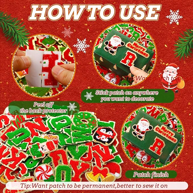 72 Pcs Red and Green Christmas Patches Embroidered Winter Christmas Letter Patches Self Adhesive,Include 52 A-Z Letters Patch,20 Winter Snowman Wreath Penguin Stick on Letter Stickers for Backpacks