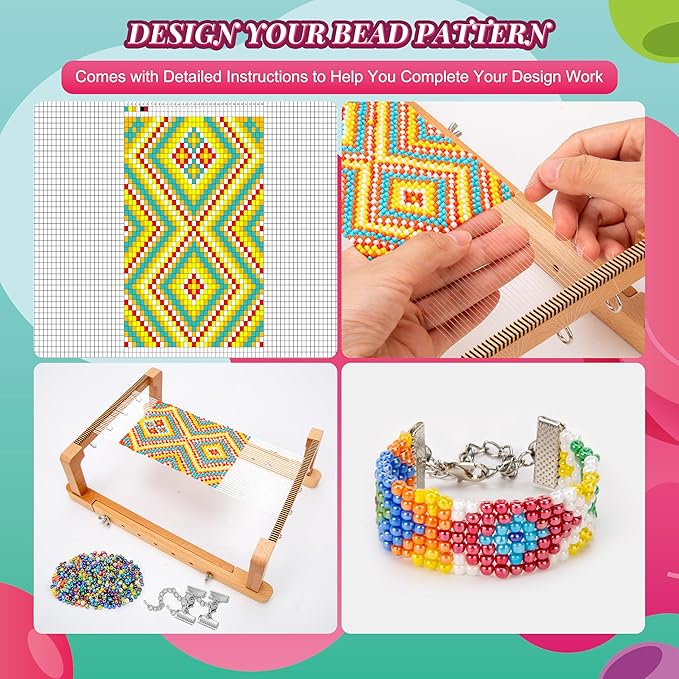 PP OPOUNT Adjustable Bead Loom Kit, Wood Loom Beading Supplies with Detailed Instructions, Practical Jewelry Making Accessories, Beading Loom Kits for Adults Jewelry Making Bracelets Belts