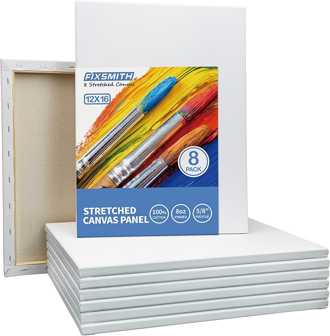 FIXSMITH Stretched White Blank Canvas - 12 x 16 Inch, Bulk Pack of 8, Primed, 100% Cotton, 5/8 Inch Profile of Super Value Pack for Acrylics,Oils & Other Painting Media.