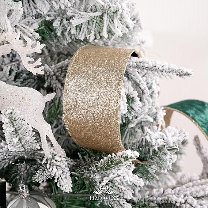 Hunter Green Velvet Wired Ribbon with Glitter Back 2.5 Inch Dark Green and Gold Christmas Wired Ribbon for Christmas Tree, Gift Wrapping, Crafts, Wreaths Supplies, Topper Bows (10 Yards)