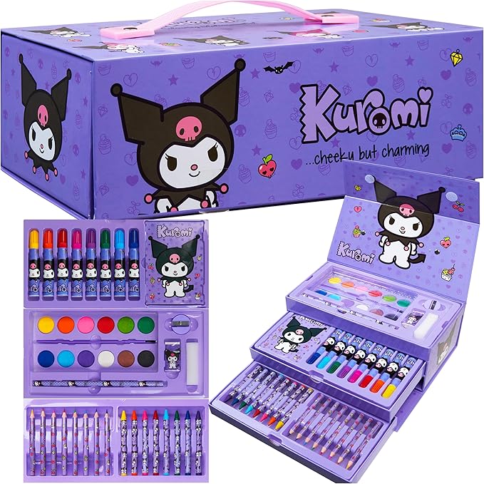 Hello Kitty Sanrio Kuromi Painting Art Supplies for Kids, Colored Pencils, Markers, Crayons, Kawaii Drawing Kit, Stationary, Art Kit, Gifts for Girls (Purple Kuromi 3 Tier)