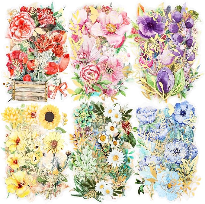 Dizdkizd Gilding Flower Stickers (240 Pieces) - Glitter Watercolor Transparent Stickers for Card Making Scrapbooking Envelopes Wrapped Gifts Arts and Crafts Journaling