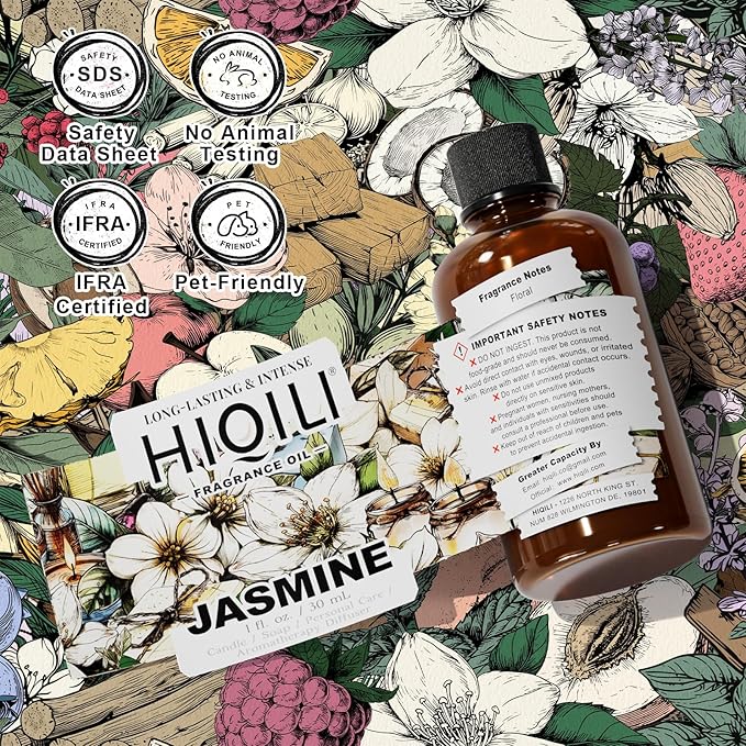 HIQILI Jasmine Fragrance Oil for Aromatherapy Diffuser, Floral Scent for Candle, Perfume Making, Skin Care, Laundry Essential Oil - 1 Fl Oz