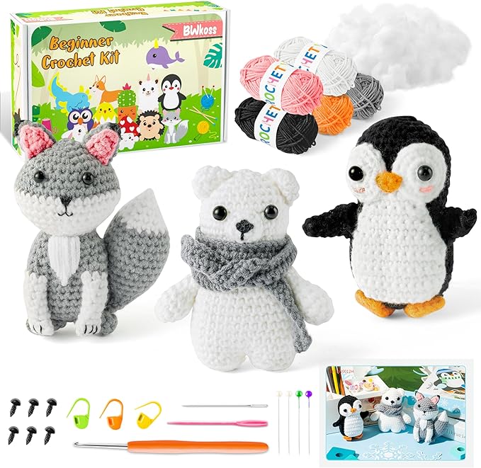 BWkoss Crochet Kit for Beginners, Polar Animal Crochet Starter Kit for Adults Kids Fox Penguin Polar Bear DIY Yarn Knitting Craft Supplies with Step-by-Step Video Tutorials for Knitting Enthusiast