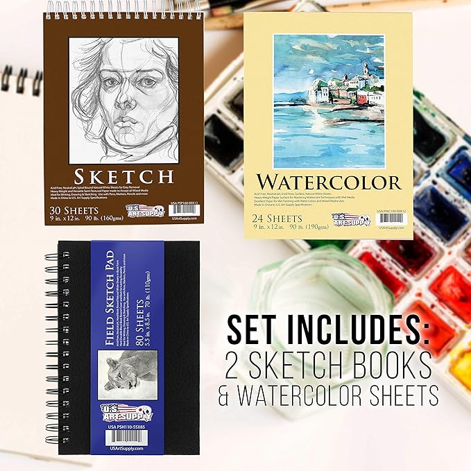 U.S. Art Supply 162-Piece Mega Wood Box Artist Kit with Painting, Drawing & Art Supplies for Adults - 24 Each (Watercolors, Oil Pastels, Pencils), 60 Crayons & 2 Brushes - Art Kit for Adults, Gift Set