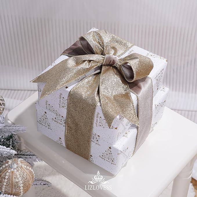 Taupe Velvet Wired Ribbon with Glitter Back 2.5 Inch Camel and Gold Christmas Ribbon Wired Taupe Ribbon for Christmas Tree, Gift Wrapping, Mantel, Wreaths Supplies, Topper Bows (10 Yards)