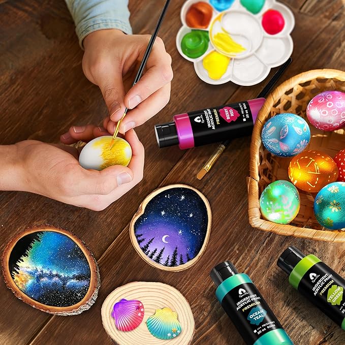 40 Pcs Iridescent Acrylic Paint Set with 12 Brushes, 2 Knives & Palette, 24 Colors (2oz/60ml) - for Adults, Kids, Artists & Beginners - Canvas Ceramic Rock Wood Egg Painting Kit