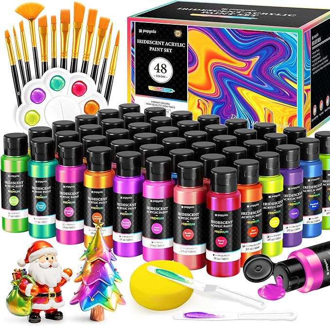 64 PCS Iridescent Acrylic Paint Set with 12 Brushes, 2 Knives & Palette, 48 Colors (2oz/60ml) Art Craft Paint for Adults Kids Artists Beginners, Halloween Pumpkin Canvas Ceramic Rock Painting Kit