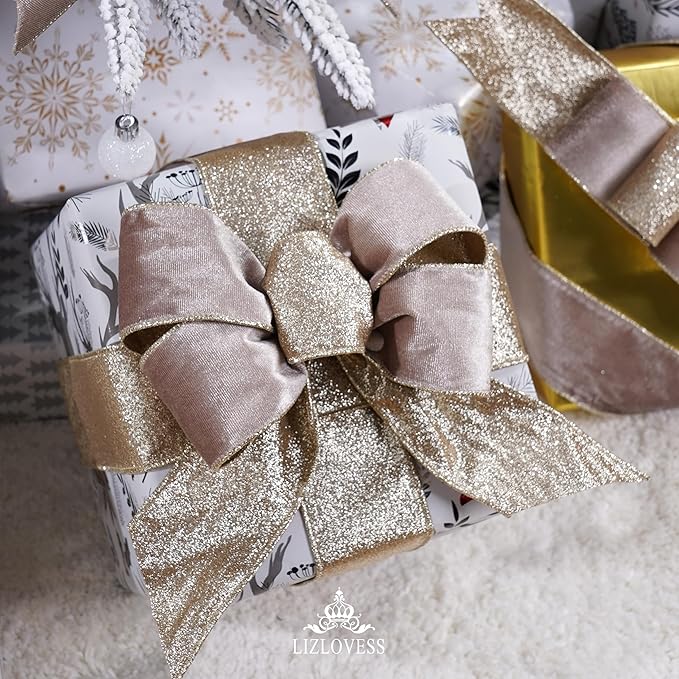 Taupe Velvet Wired Ribbon with Glitter Back 2.5 Inch Camel and Gold Christmas Ribbon Wired Taupe Ribbon for Christmas Tree, Gift Wrapping, Mantel, Wreaths Supplies, Topper Bows (10 Yards)