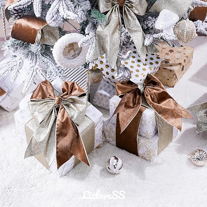 Brown Velvet Wired Ribbon with Glitter Back 4 Inch Camel Christmas Ribbon Wired Reversible Ribbon for Christmas Tree, Gift Wrapping, Crafts, Wreaths Supplies, Topper Bows (10 Yards)