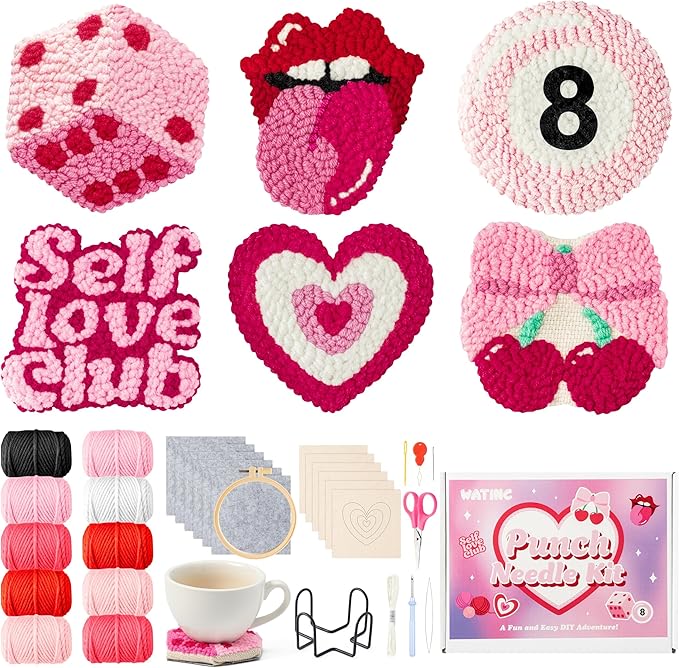 WATINC Christmas Punch Needle Coaster Kits - 23Pcs Easy Art Work Decor Craft Supply for Beginners, DIY Set of 6 Pattern Tufted Pads with Adhesive Felt Yarn Tool Coaster Holder Instruction (Light Pink)