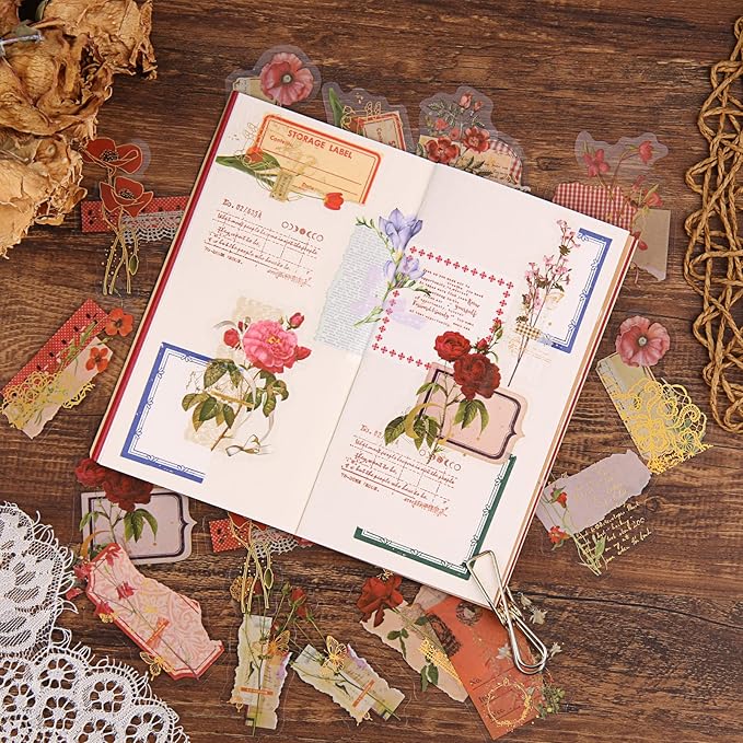 Dizdkizd Die Cut Gold Foil Floral Stickers (180 Pieces), Transparent Aesthetics Sticker Set Vintage Flower Decals for Scrapbooking Card Making Journaling Paper Crafting