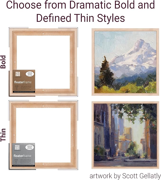 Ampersand Floaterframe Readymade Frame for Flat and 7/8" Deep Wood Panel and Canvas Artwork, Paintings, Prints, and More, 5"x7", Maple Bold