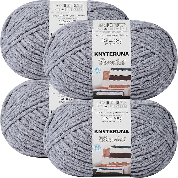 #6 Super Bulky Blanket Yarn for Crocheting - 4 Skeins(Each 10.5oz/300g, 220yds/201m), Chunky Chenille Thick Plush Big Soft Yarn for Crocheting Knitting Blankets, Light Grey