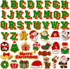 72 Pcs Red and Green Christmas Patches Embroidered Winter Christmas Letter Patches Self Adhesive,Include 52 A-Z Letters Patch,20 Winter Snowman Wreath Penguin Stick on Letter Stickers for Backpacks