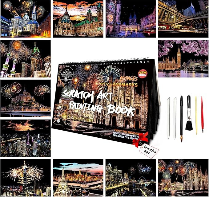 Scratch Art Book for Adults-Landmark Building Scratch Art|Scratch Painting Paper Craft Kit|Creative Foil Engraving Art Set|Scratch City Series Books for Travel Lovers,Craft Lovers(New City 3)