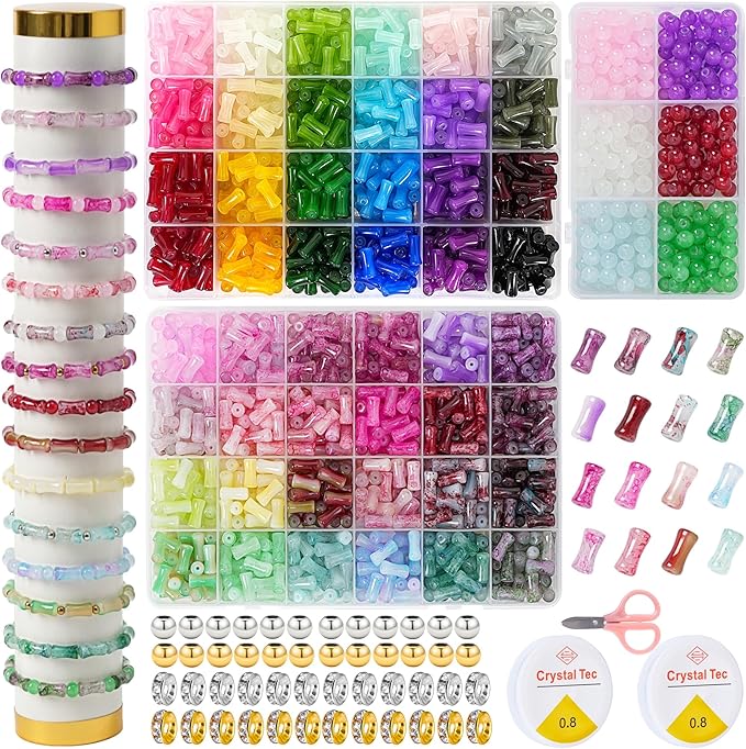 54 Colors 1500pcs Bamboo Glass Beads for Jewelry Making,6 * 12mm Glass Beads Bracelets Making Kit, 2 Types Natural Bamboo Crystal Beads for DIY Bracelet Necklace Crafts,Gifts for Girls Aged 6-15