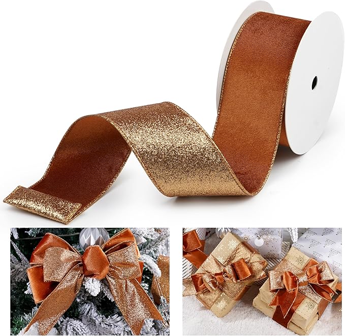 Copper Velvet Wired Ribbon with Glitter Back 2.5 Inch Copper Christmas Ribbon Wired Reversible Ribbon for Christmas Tree, Gift Wrapping, Crafts, Wreaths Supplies, Topper Bows (10 Yards)