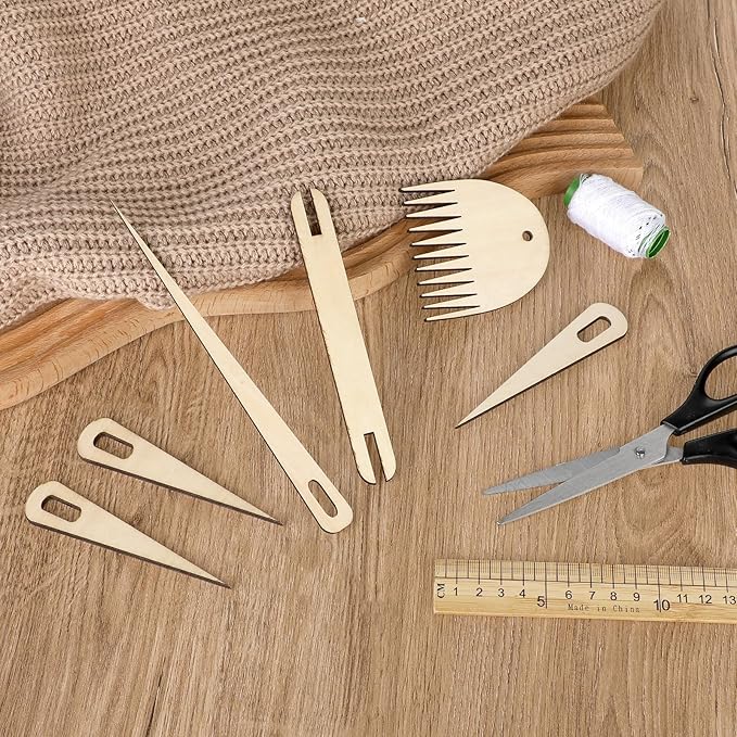 7 Pcs Wood Hand Loom Stick Set, Weaving Tools with 5 Wooden Weaving Crochet Needles, 1 Wooden Shuttle and Wood Weavings Comb for Knitted DIY Crafts Supplies