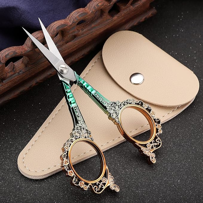 Sewing Scissors Sharp Embroidery Scissors with Sheath, Craft Scissor for Needlework Artwork Threading Cross Stitch Handicraft DIY Tool, 4.5in Gold Green Shears