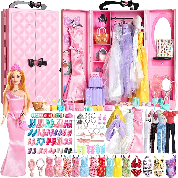 UCanaan 180 Pcs Doll Clothes and Accessories Set, Princess Gowns, Dresses, Tops, Pants, Shoes, Hangers, Fashion Doll Wardrobe, Ages 3+ Best Gitfs for Girls Christmas Birthday