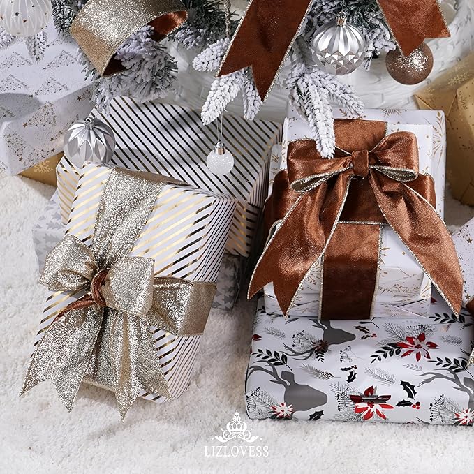 Brown Velvet Wired Ribbon with Glitter Back 2.5 Inch Camel Christmas Ribbon Wired Reversible Ribbon for Christmas Tree, Gift Wrapping, Crafts, Wreaths Supplies, Topper Bows (10 Yards)