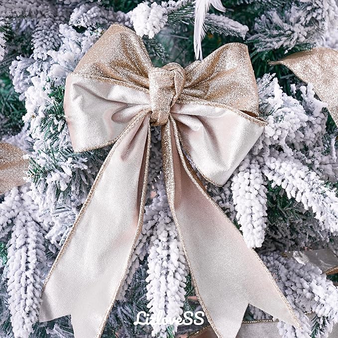 Champagne Velvet Wired Ribbon with Glitter Back 2.5 Inch Ivory and Gold Christmas Wired Ribbon for Christmas Tree Decorations, Gift Wrapping, Mantel, Wreaths Supplies, Topper Bows (10 Yards)