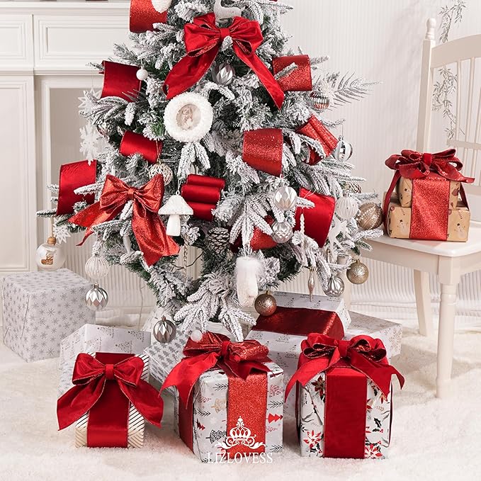 Red Velvet Wired Ribbon with Glitter Back 4 Inch Red Christmas Ribbon Wired Reversible Ribbon for Christmas Tree, Gift Wrapping, Mantel, Wreaths Supplies, Topper Bows (10 Yards)