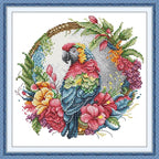 Threadhaven Counted Cross-Stitch Kit 14CT Aida Fabric with Threads, Needles & Guide | Animal Sewing Pattern Embroidery Kit for Adults | Premium DIY Craft Kit- Parrot on a Garland 10.6''×10.6''
