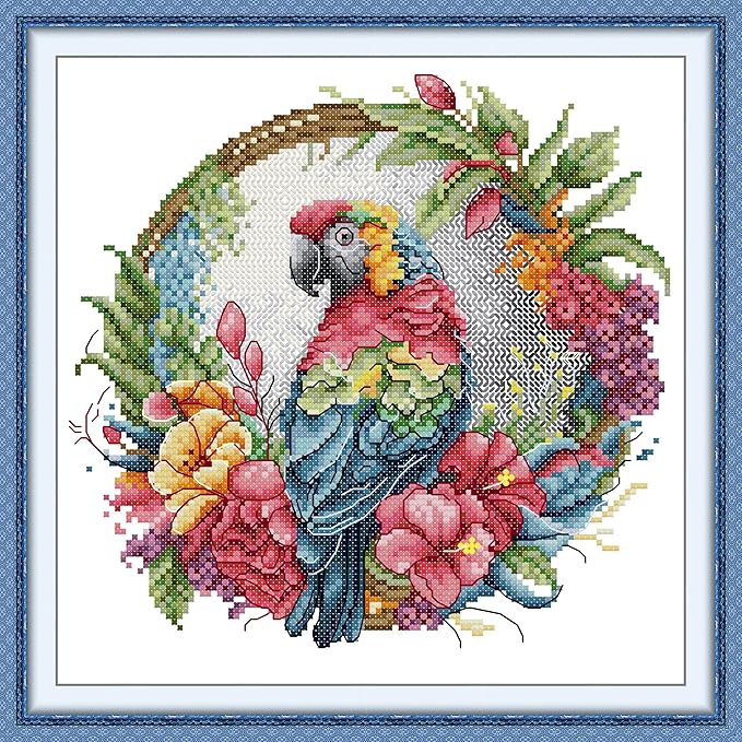 Threadhaven Counted Cross-Stitch Kit 14CT Aida Fabric with Threads, Needles & Guide | Animal Sewing Pattern Embroidery Kit for Adults | Premium DIY Craft Kit- Parrot on a Garland 10.6''×10.6''