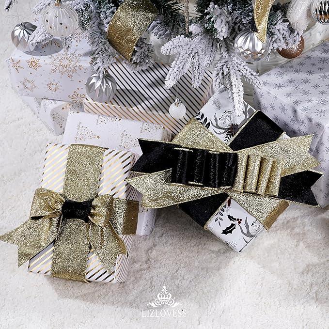 Black Velvet Wired Ribbon with Glitter Back 2.5 Inch Black and Gold Christmas Ribbon Wired Ribbon for Christmas Tree, Gift Wrapping, Mantel, Wreaths Supplies, Topper Bows (10 Yards)