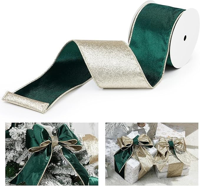 Green Velvet Wired Ribbon with Glitter Back 4 Inch Dark Green and Gold Christmas Ribbon Wired Ribbon for Christmas Tree, Gift Wrapping, Crafts, Wreaths Supplies, Topper Bows (10 Yards)