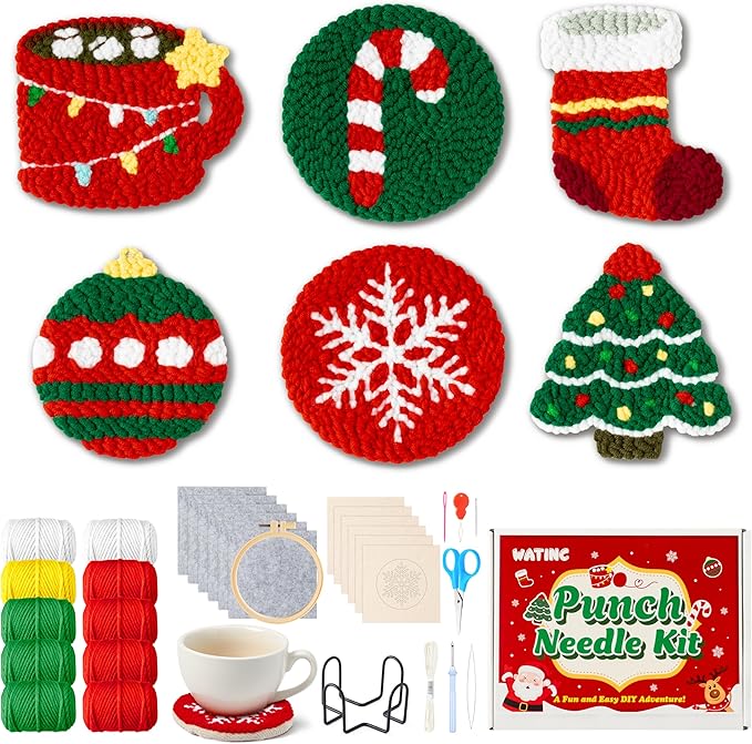 WATINC Christmas Punch Needle Coaster Kit - 23Pcs Easy Art Work Decor Craft Supply for Beginners, DIY Set of 6 Unique Pattern Tufted Pads with Adhesive Felt Yarn Tools Coaster Holder Instruction (Red)