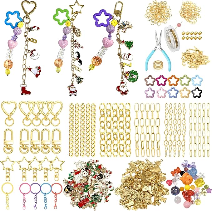 Christmas DIYJewelry Making Set 364 Pieces – Includes 156 Charms, 150 Jump Rings, 25 Extender Chains, 20 Keychains, 10 Crimp Tubes, 3-Inch Beading Wire, Support Ring & Jewelry Pliers(for parents)