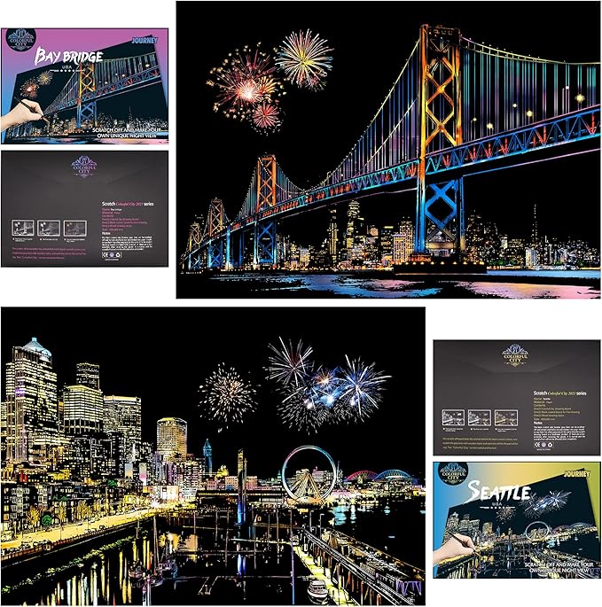 Scratch Painting Kits for Adults Rainbow Painting Art Paper, World Famous City DIY Night View Scratchboard for Adults with 4 Tools,Size 11.2''x16'' (Seattle)