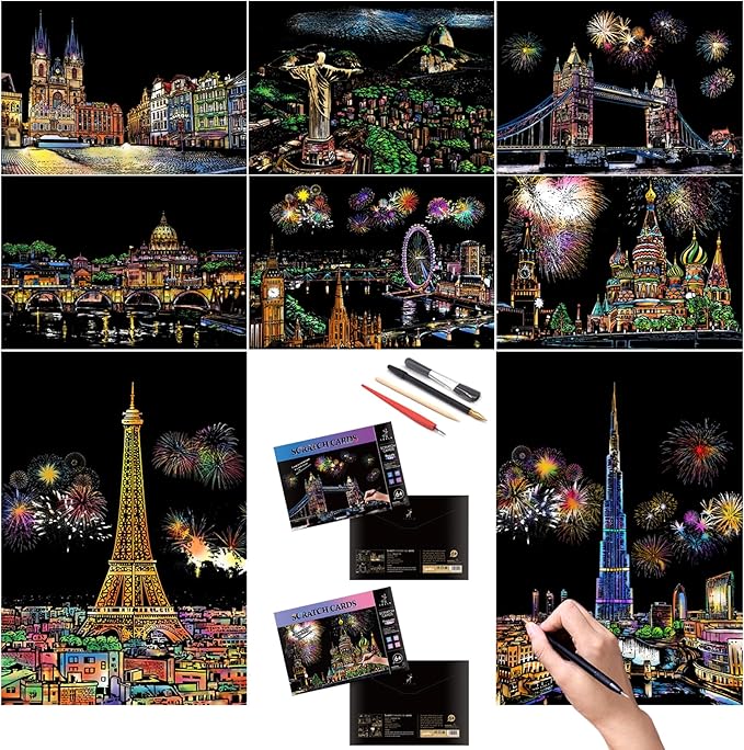 Scratch Rainbow Painting Art Paper Scratch & Sketch Art for Adults Scratch Painting Creative Gift Engraving Art&Craft Set Sketch Pad DIY Scratchboard with 4 Tools 11.7''x8.3''(City Series)