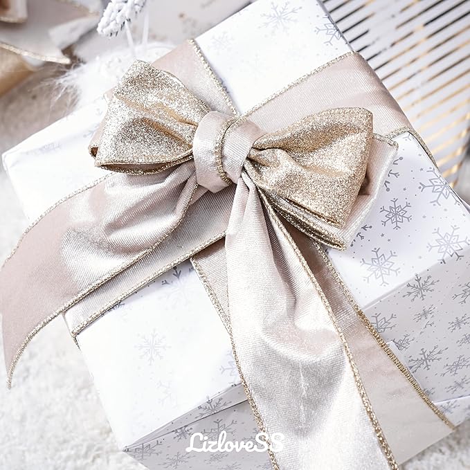 Champagne Velvet Wired Ribbon with Glitter Back 2.5 Inch Ivory and Gold Christmas Wired Ribbon for Christmas Tree Decorations, Gift Wrapping, Mantel, Wreaths Supplies, Topper Bows (10 Yards)