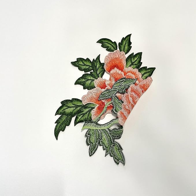 Sew on Peony Patches, Embroidered Flower Appliques for DIY Clothing, Jackets, Jeans, Backpacks, Hats, Arts Craft Sew Making (Orange Peony with Leaf L)