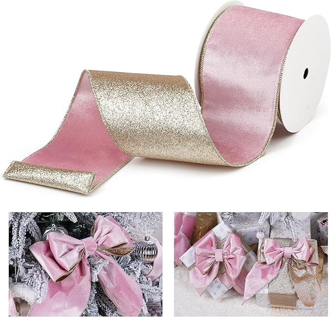 Pink Velvet Wired Ribbon With Glitter Back 4 Inch Gold Christmas Ribbon for Tree, Gift Wrapping, Mantel, Wreaths Supplies, Topper Bows (10 Yards)