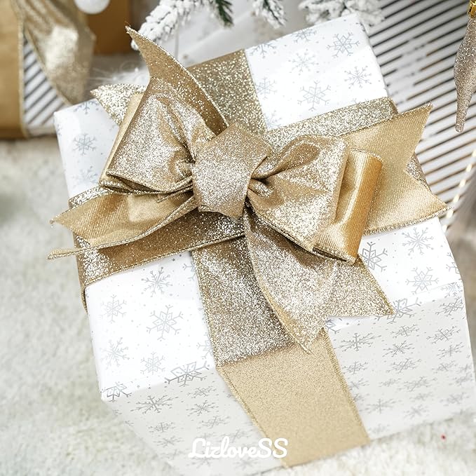 Khaki Velvet Wired Ribbon with Glitter Back 2.5 Inch Gold Christmas Ribbon Wired Reversible Ribbon for Christmas Tree Decorations, Gift Wrapping, Crafts, Wreaths Supplies, Bows (10 Yards)