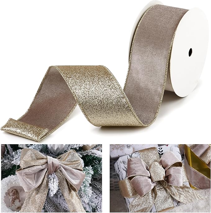 Taupe Velvet Wired Ribbon with Glitter Back 2.5 Inch Camel and Gold Christmas Ribbon Wired Taupe Ribbon for Christmas Tree, Gift Wrapping, Mantel, Wreaths Supplies, Topper Bows (10 Yards)