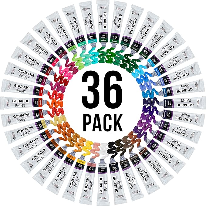 U.S. Art Supply Professional 36-Color Gouache Paint Set in Large 18ml Tubes & Color Mixing Wheel - Gouache Paint Tubes for Artists, Students, Beginners